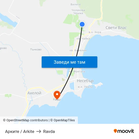 Арките / Arkite to Ravda map