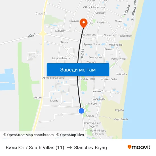 Вили Юг / South Villas (11) to Slanchev Bryag map
