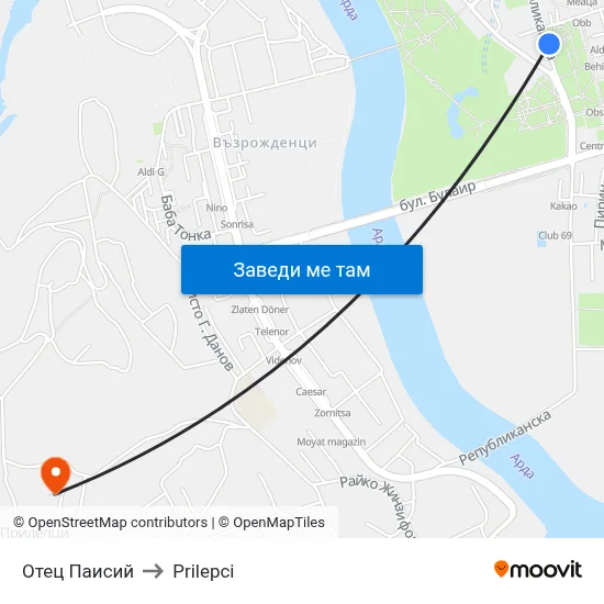 Отец Паисий to Prilepci map