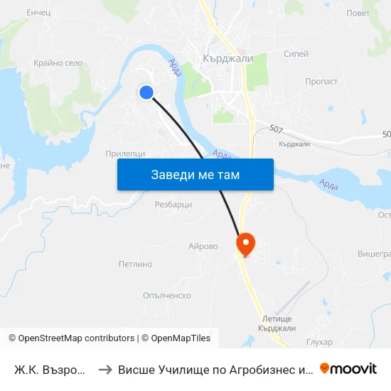 Ж.К. Възрожденци, Блок 54 to Висше Училище по Агробизнес и Развитие на Регионите - Кърджали map