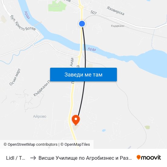 Lidl / Techopolis to Висше Училище по Агробизнес и Развитие на Регионите - Кърджали map
