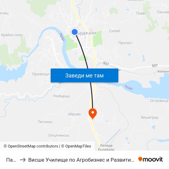 Пазара to Висше Училище по Агробизнес и Развитие на Регионите - Кърджали map