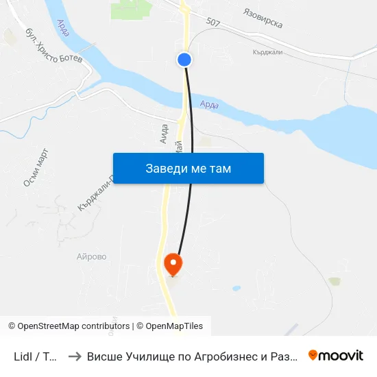 Lidl / Techopolis to Висше Училище по Агробизнес и Развитие на Регионите - Кърджали map