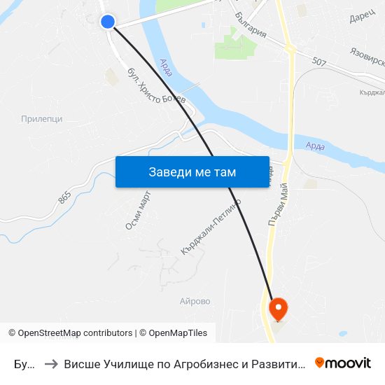 Булаир to Висше Училище по Агробизнес и Развитие на Регионите - Кърджали map