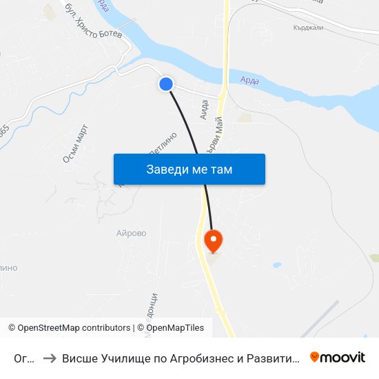 Огоста to Висше Училище по Агробизнес и Развитие на Регионите - Кърджали map