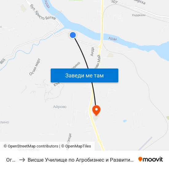 Огоста to Висше Училище по Агробизнес и Развитие на Регионите - Кърджали map