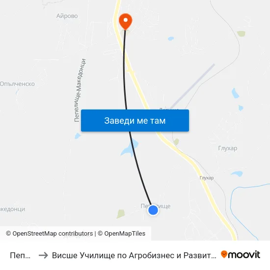 Пепелище to Висше Училище по Агробизнес и Развитие на Регионите - Кърджали map
