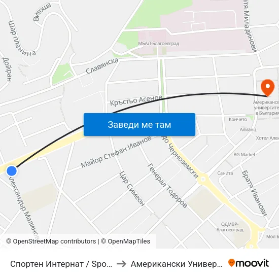 Спортен Интернат / Sports Boarding School to Американски Университет В България map
