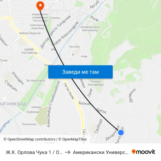 Ж.К. Орлова Чука 1 / Orlova Chuka Qr. 1 to Американски Университет В България map