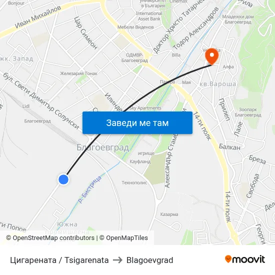 Цигарената / Tsigarenata to Blagoevgrad map