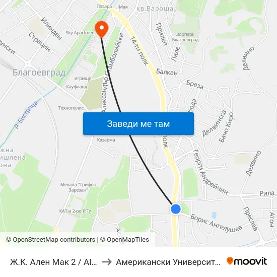 Ж.К. Ален Мак 2 / Alen Mak Qr. 2 to Американски Университет В България map