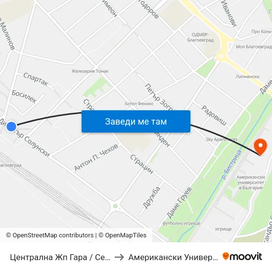 Централна Жп Гара / Central Railway Station to Американски Университет В България map