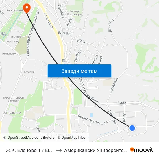 Ж.К. Еленово 1 / Elenovo Qr. 1 to Американски Университет В България map