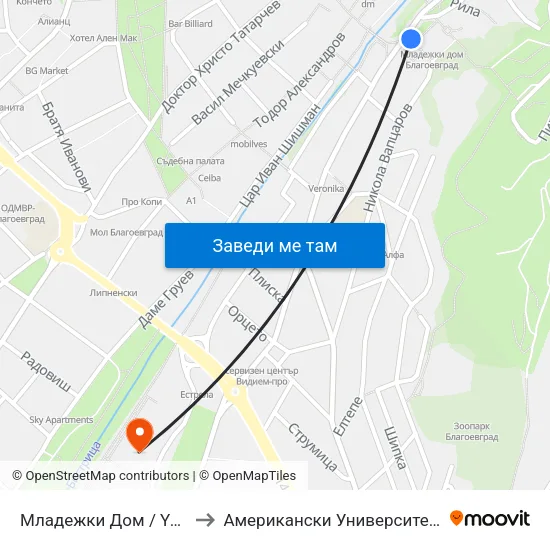 Младежки Дом / Youth Center to Американски Университет В България map