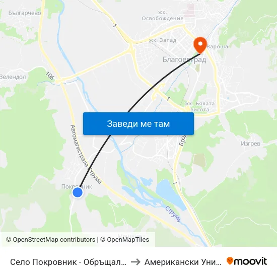 Село Покровник - Обръщало / Pokrovnik Village - Turn Stop to Американски Университет В България map