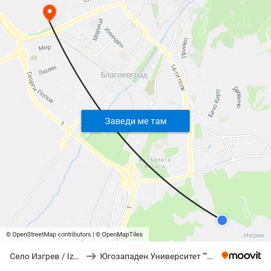 Село Изгрев / Izgrev Village to Югозападен Университет ""Неофит Рилски"" map