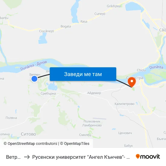 Ветрен 1 to Русенски университет "Ангел Кънчев"- филиал Силистра map