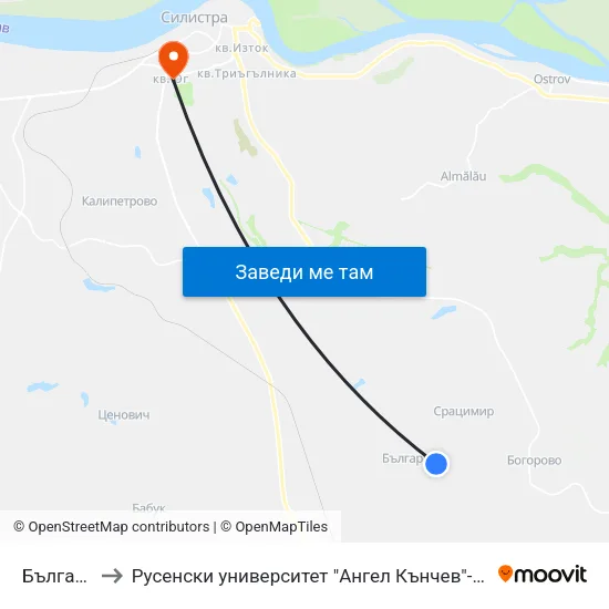 Българка 1 to Русенски университет "Ангел Кънчев"- филиал Силистра map