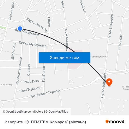 Изворите to ПГМТ"Вл. Комаров" (Механо) map