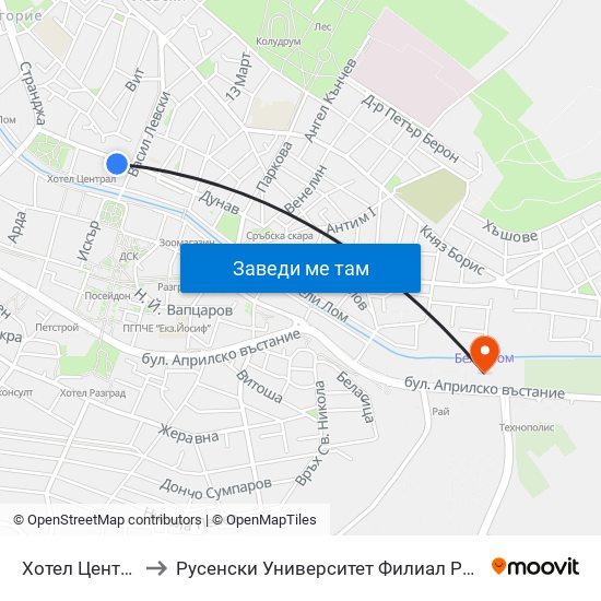 Хотел Централ to Русенски Университет Филиал Разград map