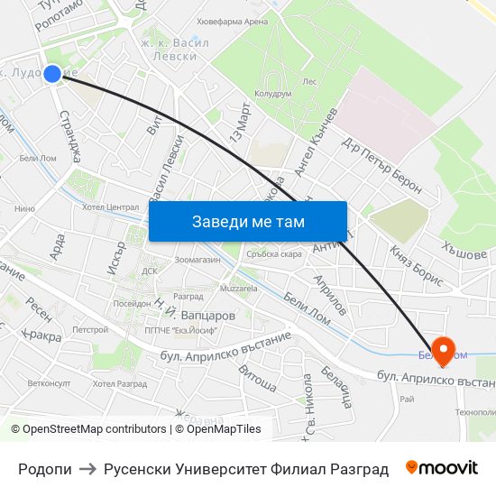 Родопи to Русенски Университет Филиал Разград map