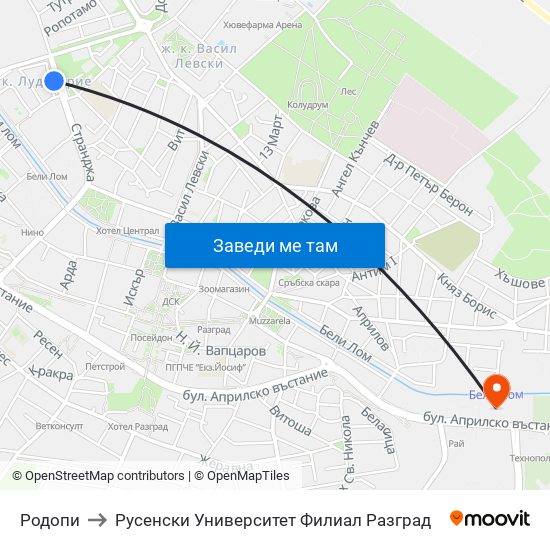 Родопи to Русенски Университет Филиал Разград map