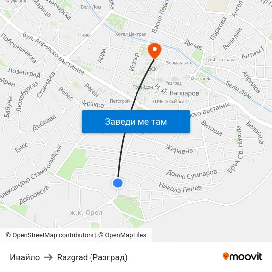Ивайло to Razgrad (Разград) map