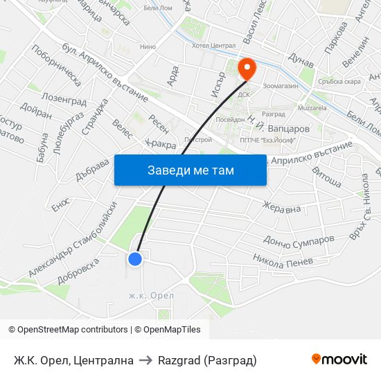 Ж.К. Орел, Централна to Razgrad (Разград) map