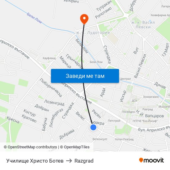 Училище Христо Ботев to Razgrad map