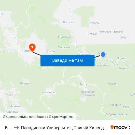 Влахово to Пловдивски Университет „Паисий Хилендарски“, Филиал Смолян, Физико-Технологичен Факултет map