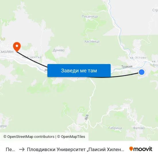 Петровица to Пловдивски Университет „Паисий Хилендарски“, Филиал Смолян, Физико-Технологичен Факултет map