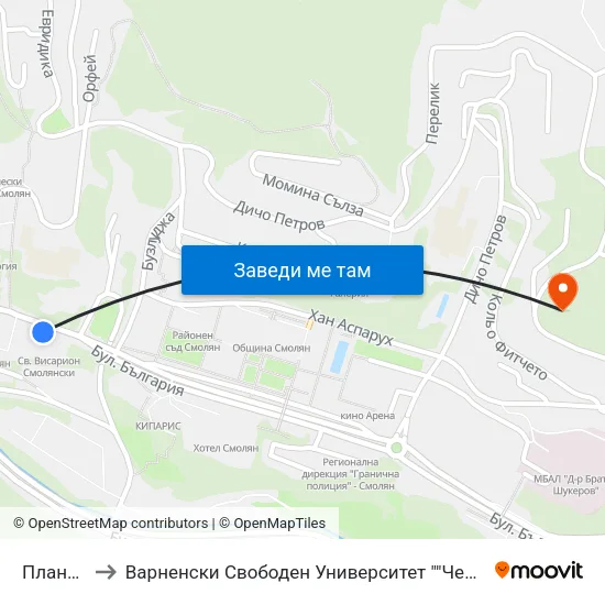 Планетариум to Варненски Свободен Университет ""Черноризец Храбър"" - Филиал Смолян map