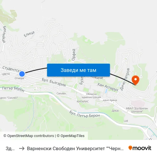 Здравец to Варненски Свободен Университет ""Черноризец Храбър"" - Филиал Смолян map