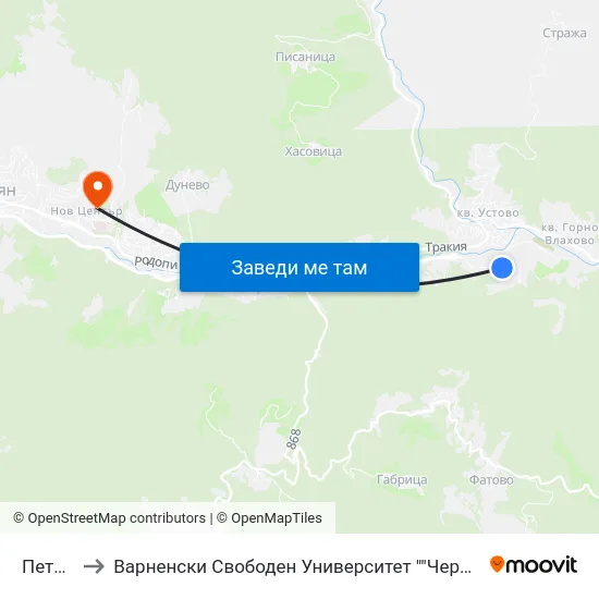 Петровица to Варненски Свободен Университет ""Черноризец Храбър"" - Филиал Смолян map