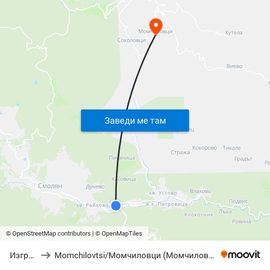 Изгрев to Momchilovtsi / Момчиловци (Момчиловци) map