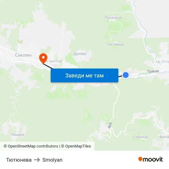 Тютюнева to Smolyan map