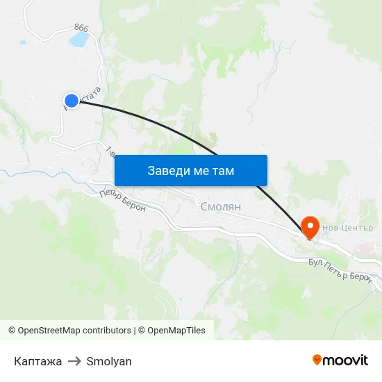 Каптажа to Smolyan map