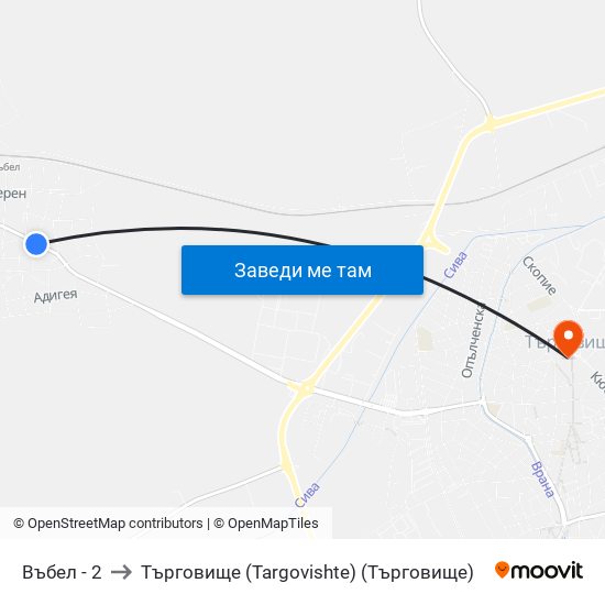 Въбел - 2 to Търговище (Targovishte) (Търговище) map