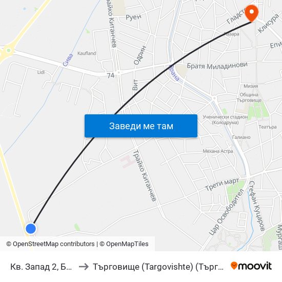 Кв. Запад 2, Бл. 51 to Търговище (Targovishte) (Търговище) map