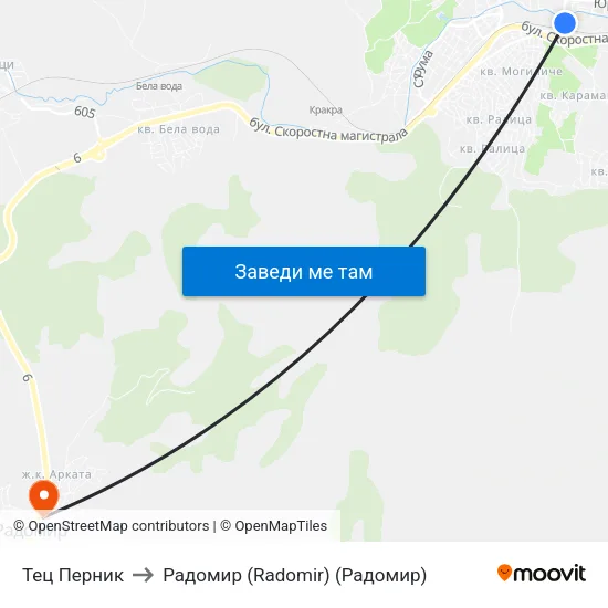Тец Перник to Радомир (Radomir) (Радомир) map
