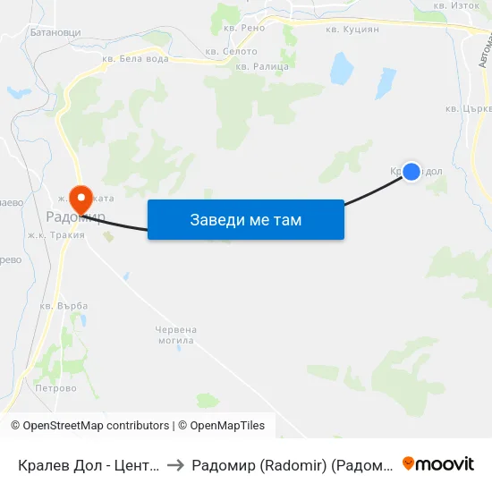 Кралев Дол - Център to Радомир (Radomir) (Радомир) map