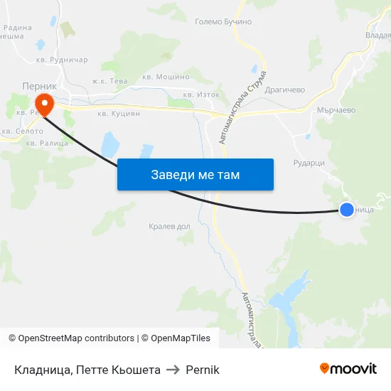Кладница, Петте Кьошета to Pernik map