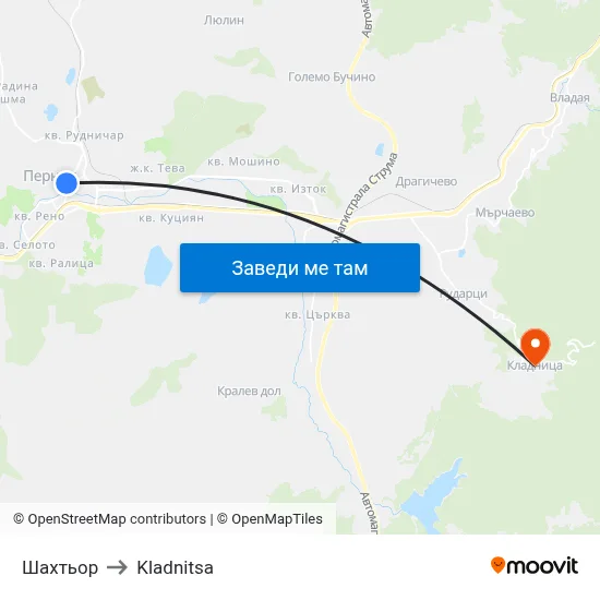 Шахтьор to Kladnitsa map