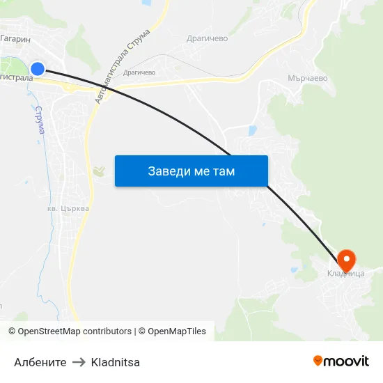 Албените to Kladnitsa map