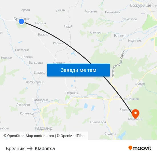 Брезник to Kladnitsa map
