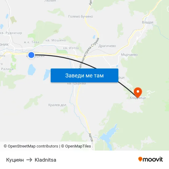 Куциян to Kladnitsa map