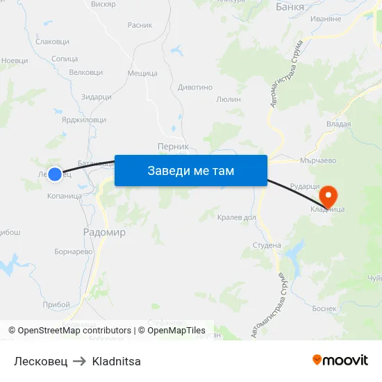 Лесковец to Kladnitsa map
