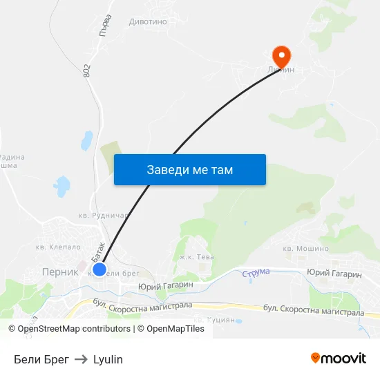 Бели Брег to Lyulin map