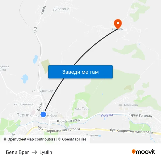 Бели Брег to Lyulin map