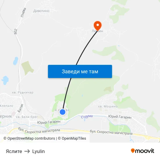 Яслите to Lyulin map